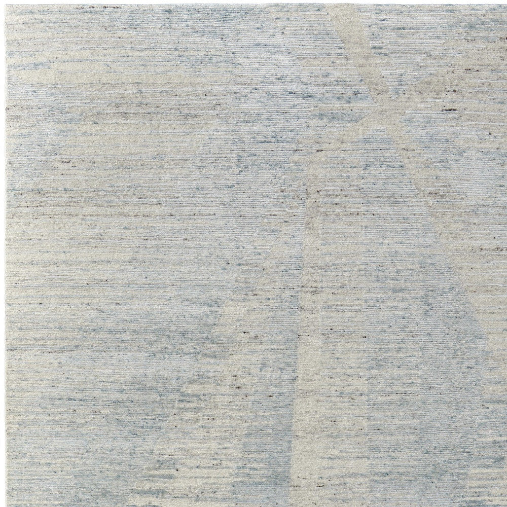 9' X 13' Ivory and Blue Abstract Hand Knotted Worn Faded Area Rug