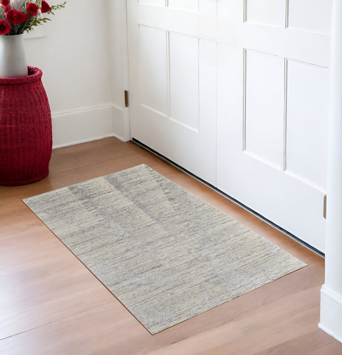 3' X 5' Ivory and Gray Abstract Hand Knotted Worn Faded Area Rug