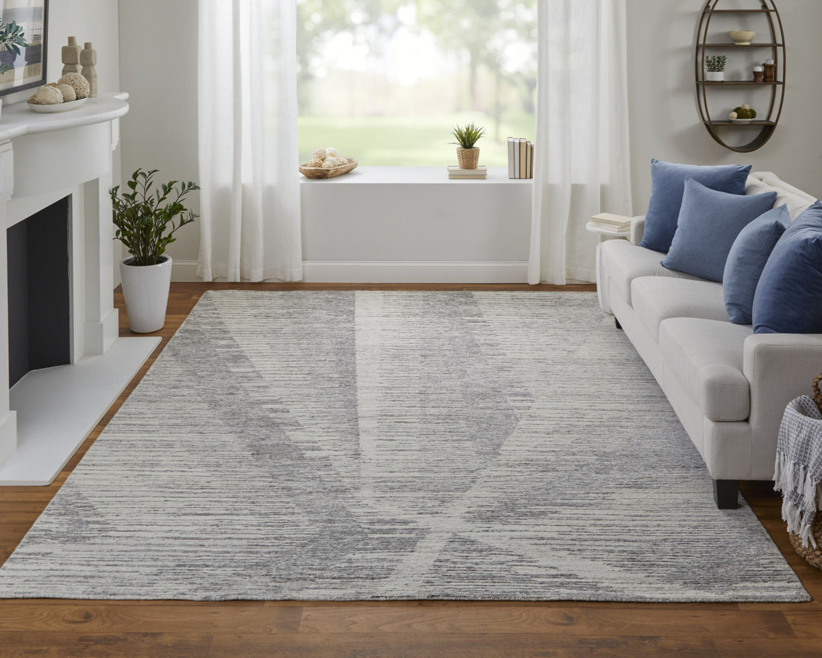 3' X 5' Ivory and Gray Abstract Hand Knotted Worn Faded Area Rug