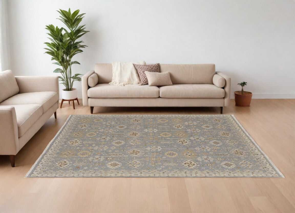 8' X 12' Gray and Ivory Wool Oriental Hand Knotted Area Rug With Fringe