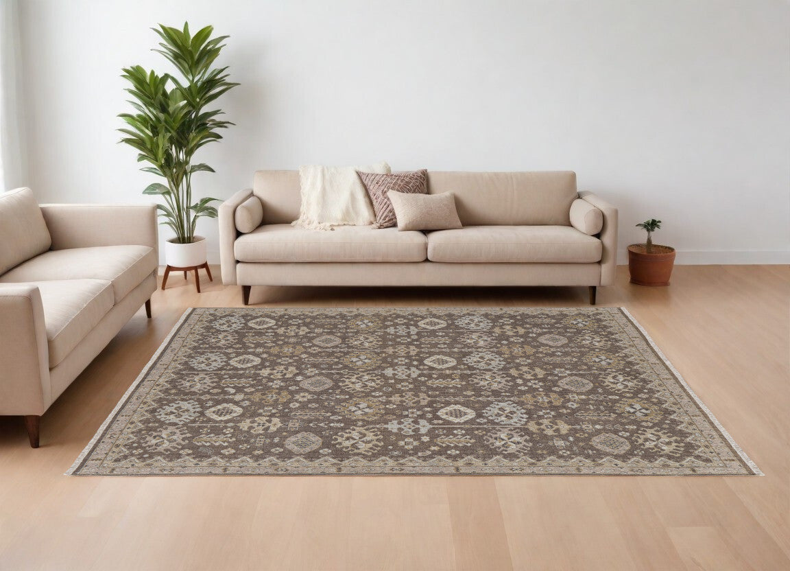 8' X 10' Tan and Brown Wool Oriental Hand Knotted Area Rug With Fringe