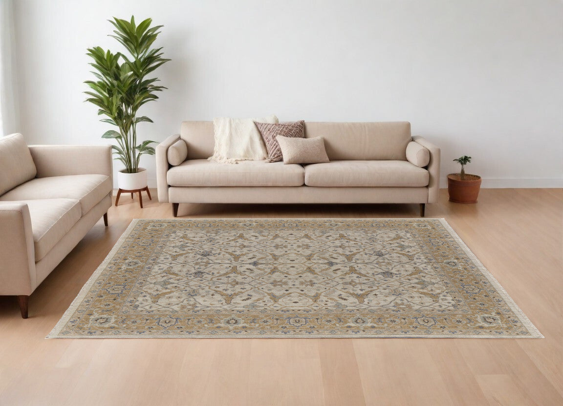 8' X 12' Ivory Gray and Tan Wool Oriental Hand Knotted Area Rug With Fringe