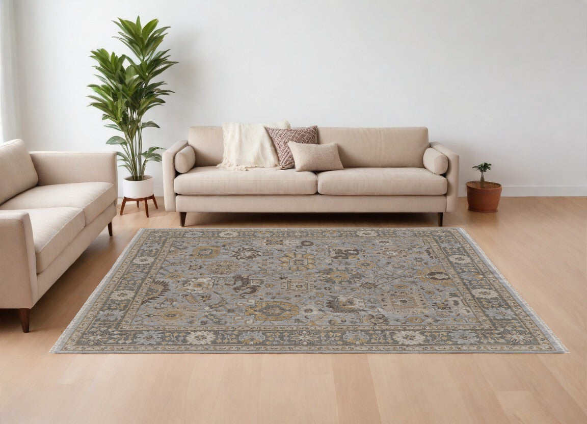 8' X 10' Gray and Brown Wool Oriental Hand Knotted Area Rug With Fringe