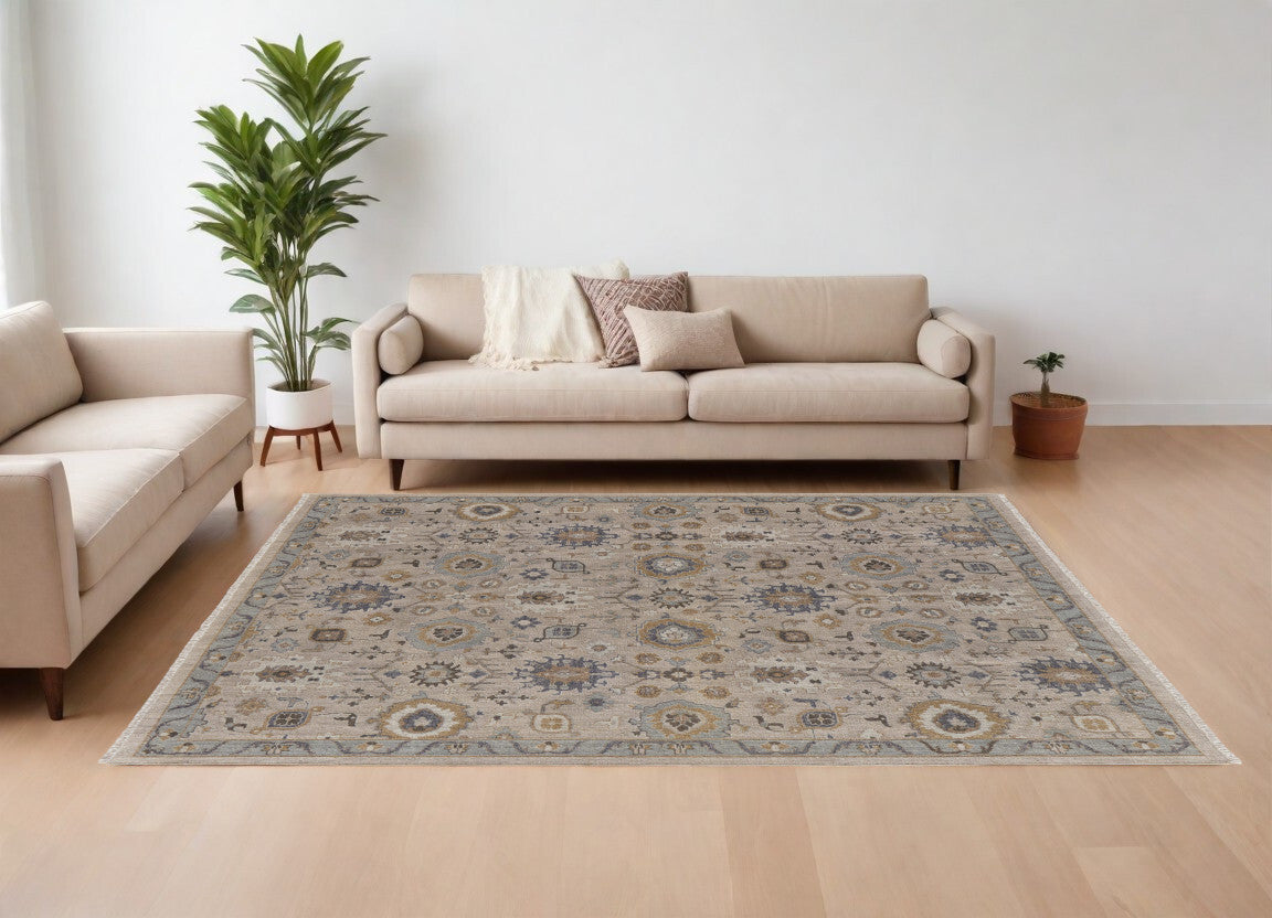 8' X 12' Tan Brown and Gray Wool Oriental Hand Knotted Area Rug With Fringe