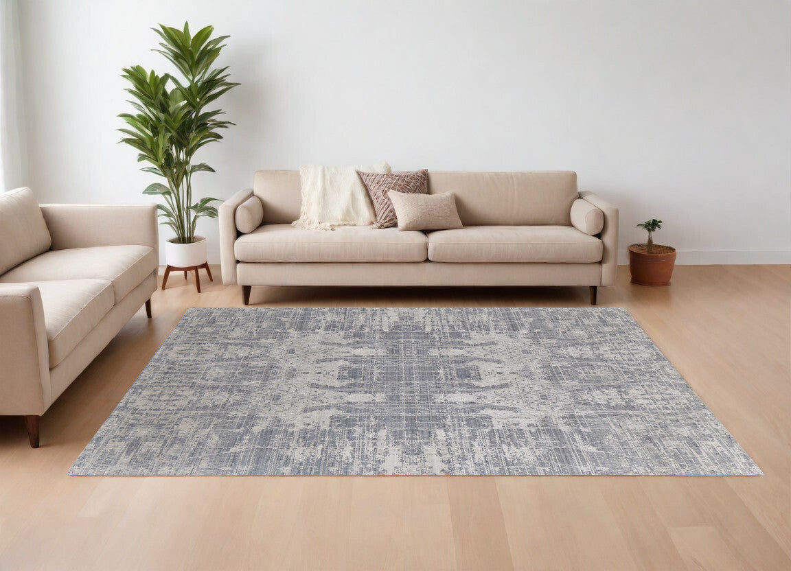 12' X 15' Gray and Silver Abstract Hand Woven Worn Faded Area Rug