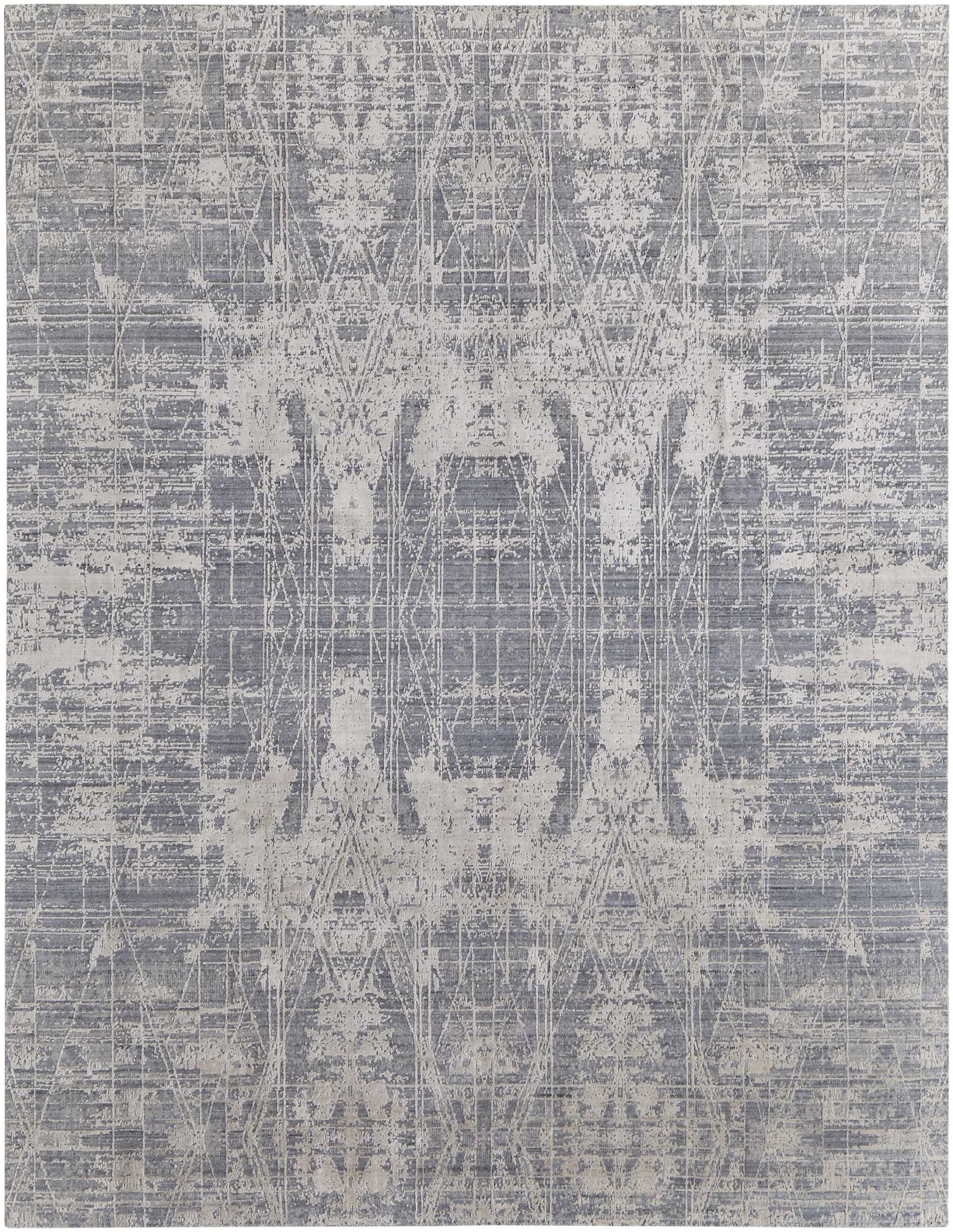 12' X 15' Gray and Silver Abstract Hand Woven Worn Faded Area Rug
