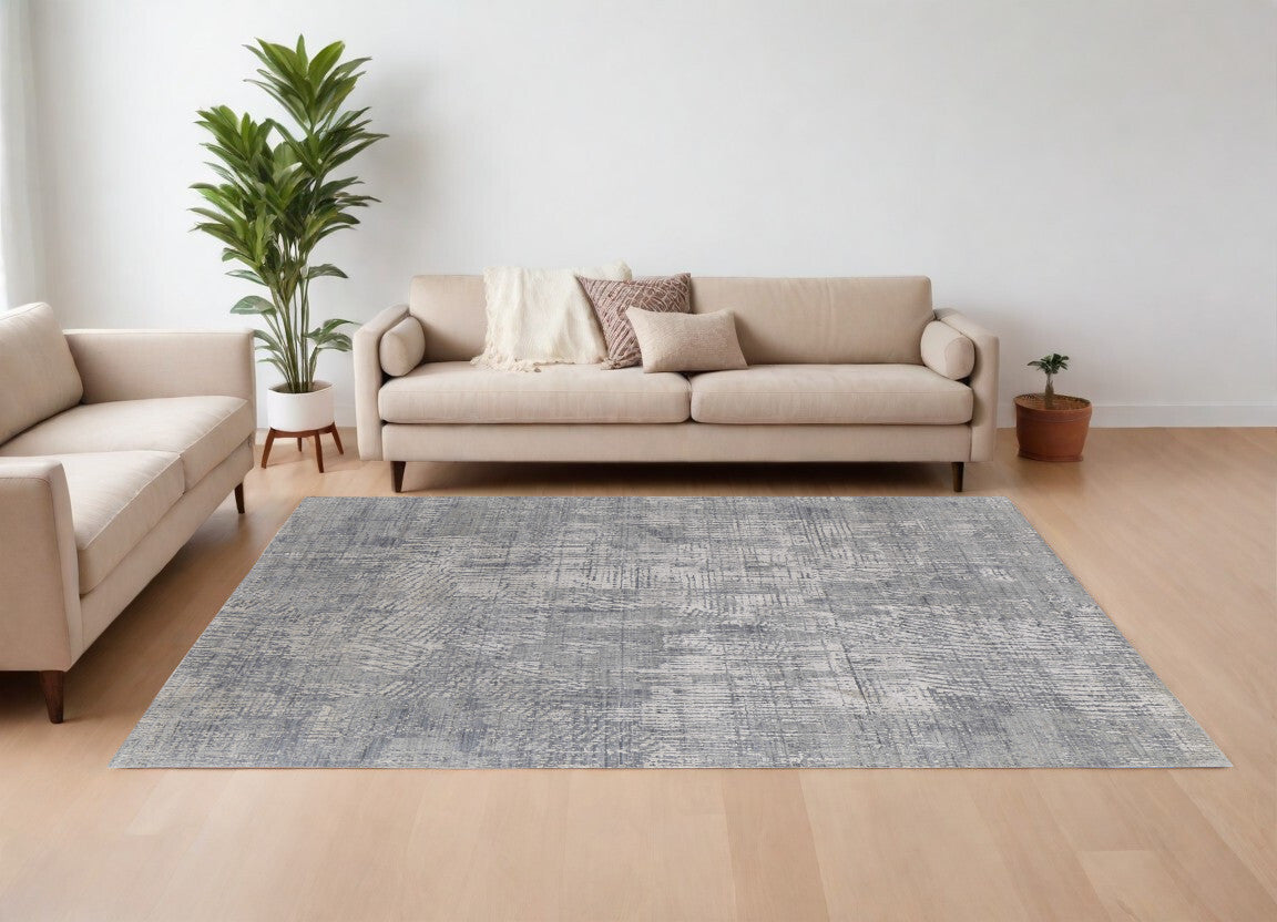8' X 10' Gray and Silver Abstract Hand Woven Worn Faded Area Rug