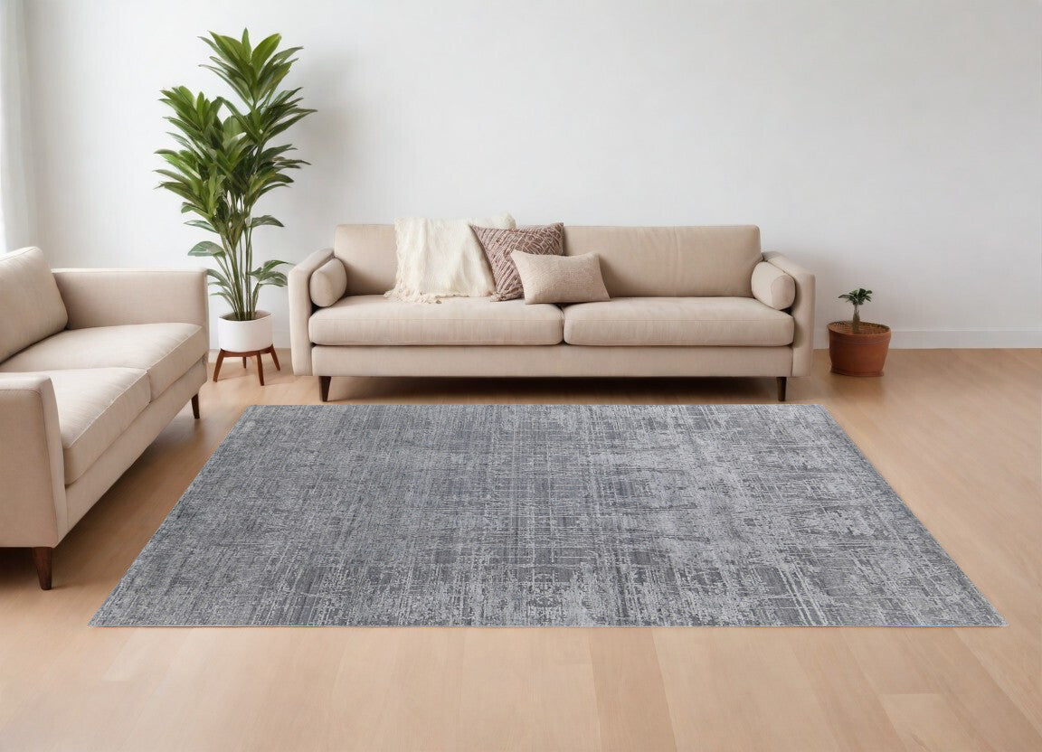 10' X 14' Gray and Silver Abstract Hand Woven Worn Faded Area Rug
