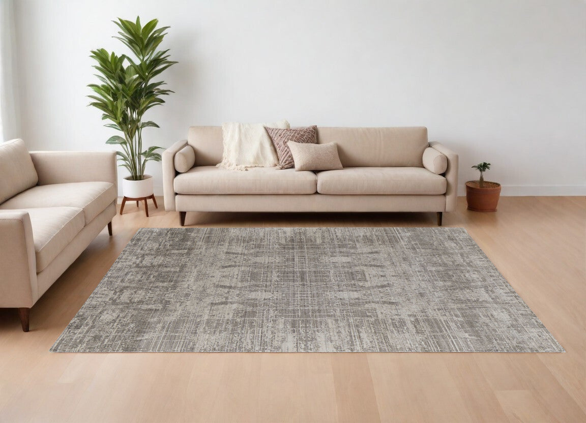 8' X 10' Gray and Silver Abstract Hand Woven Worn Faded Area Rug