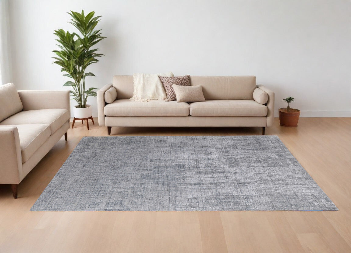 8' X 10' Light Blue and Silver Abstract Hand Woven Worn Faded Area Rug
