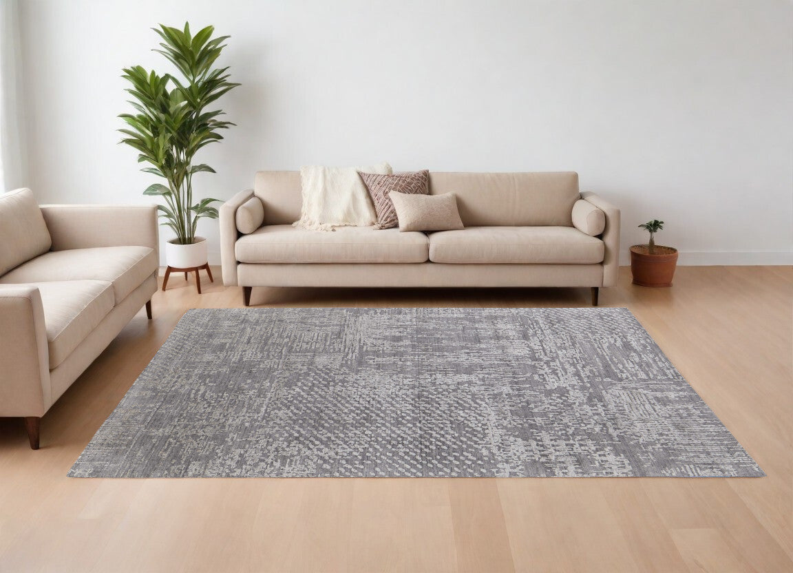 12' X 15' Gray and Silver Abstract Hand Woven Worn Faded Area Rug