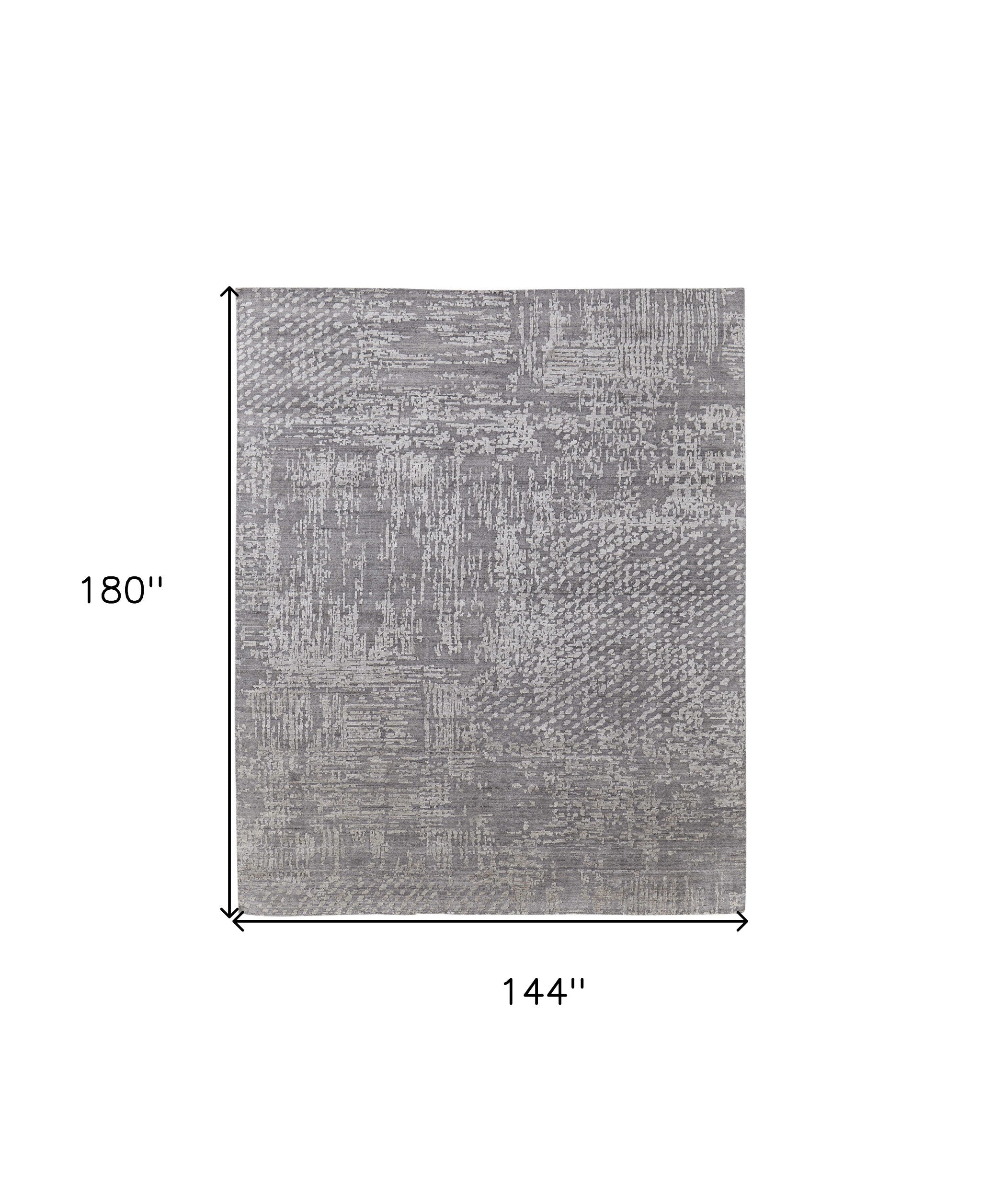 12' X 15' Gray and Silver Abstract Hand Woven Worn Faded Area Rug