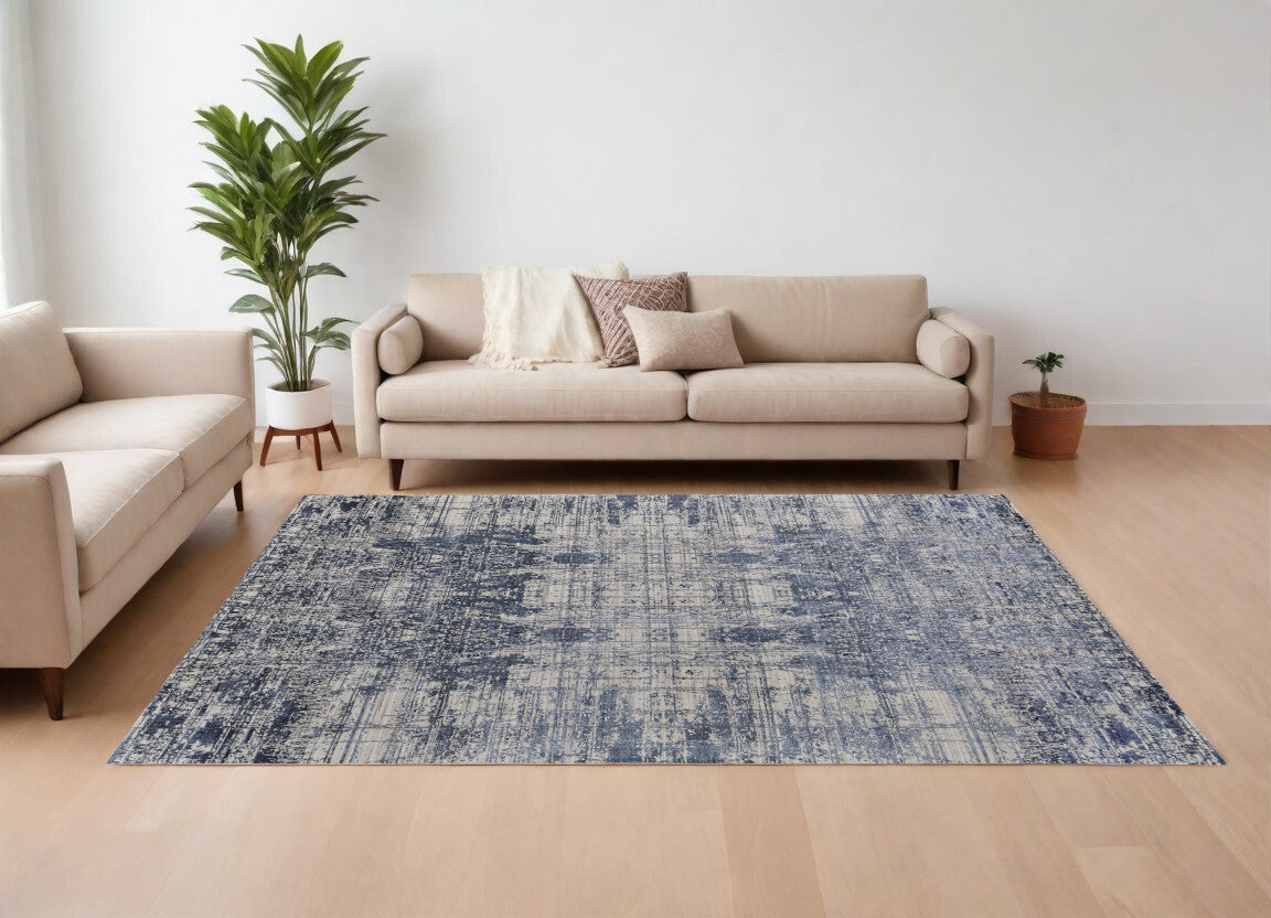12' X 15' Blue and Ivory Abstract Hand Woven Worn Faded Area Rug