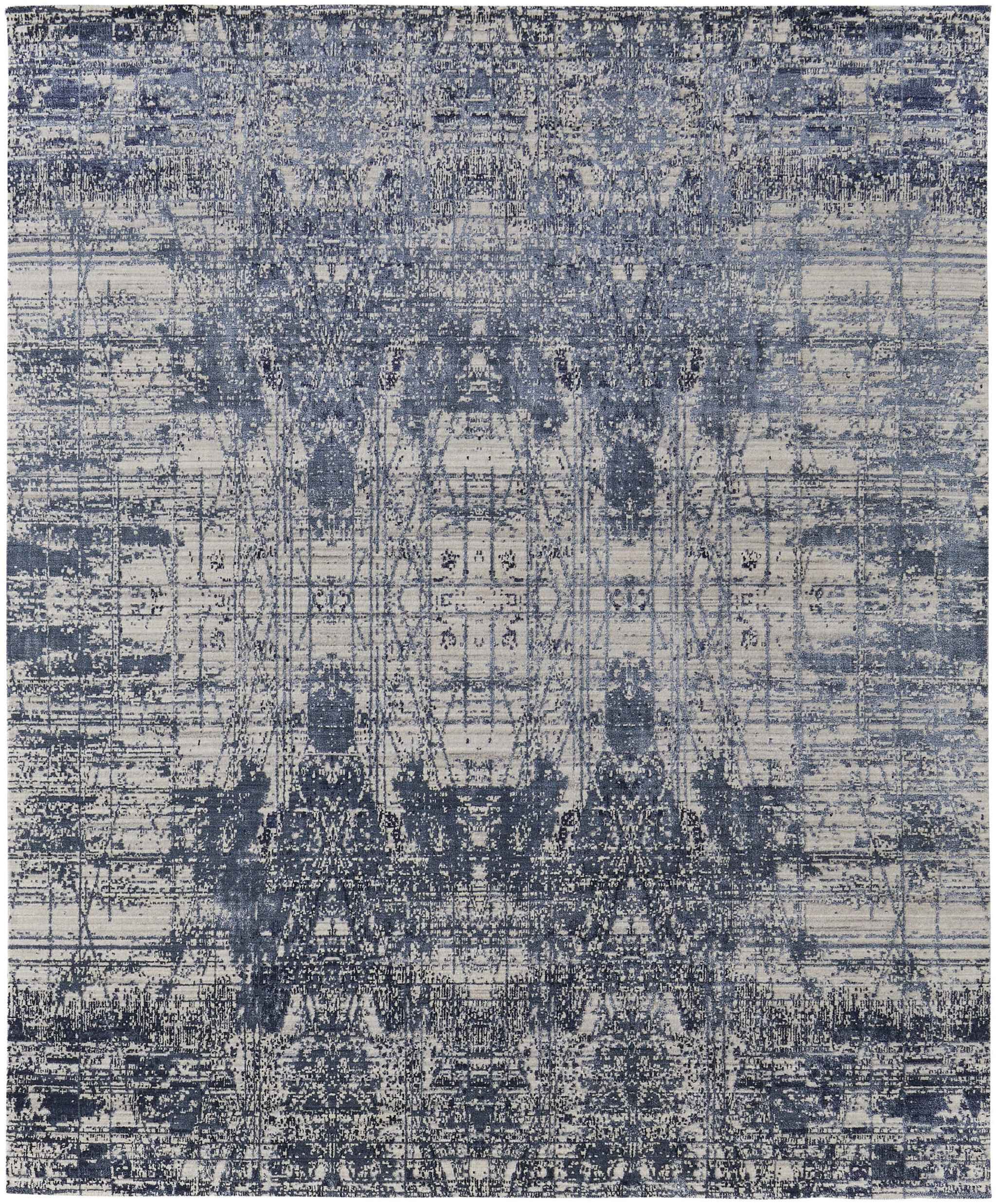 12' X 15' Blue and Ivory Abstract Hand Woven Worn Faded Area Rug