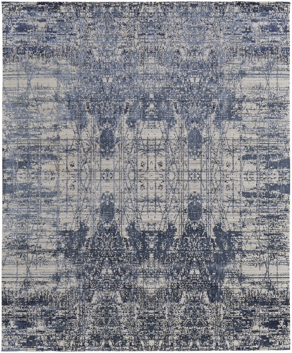 12' X 15' Blue and Ivory Abstract Hand Woven Worn Faded Area Rug