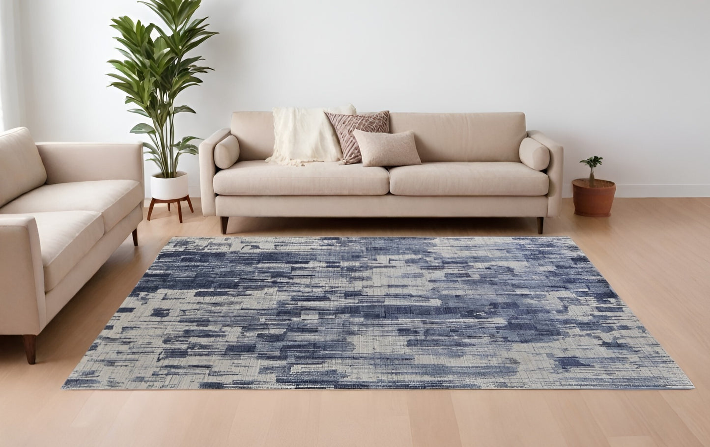 9' X 12' Blue and Ivory Abstract Hand Woven Worn Faded Area Rug