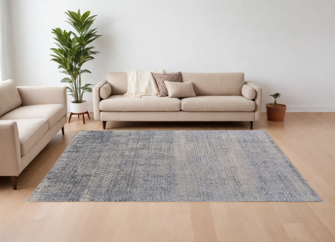 9' X 12' Gray Ivory and Blue Abstract Hand Woven Worn Faded Area Rug