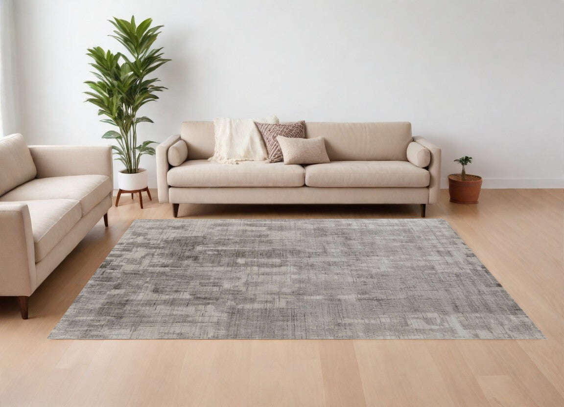 10' X 14' Gray and Ivory Abstract Hand Woven Worn Faded Area Rug