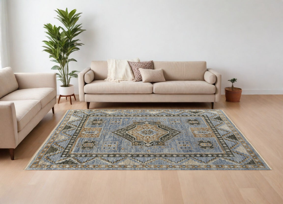 8' X 10' Ivory Tan and Blue Wool Oriental Hand Knotted Area Rug With Fringe