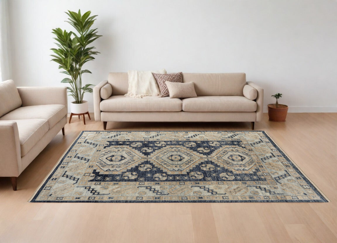 8' X 10' Blue and Ivory Wool Geometric Hand Knotted Area Rug With Fringe