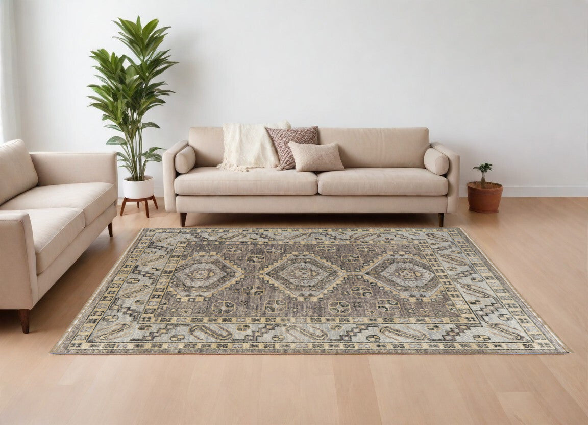 8' X 10' Gray and Brown Wool Geometric Hand Knotted Area Rug With Fringe