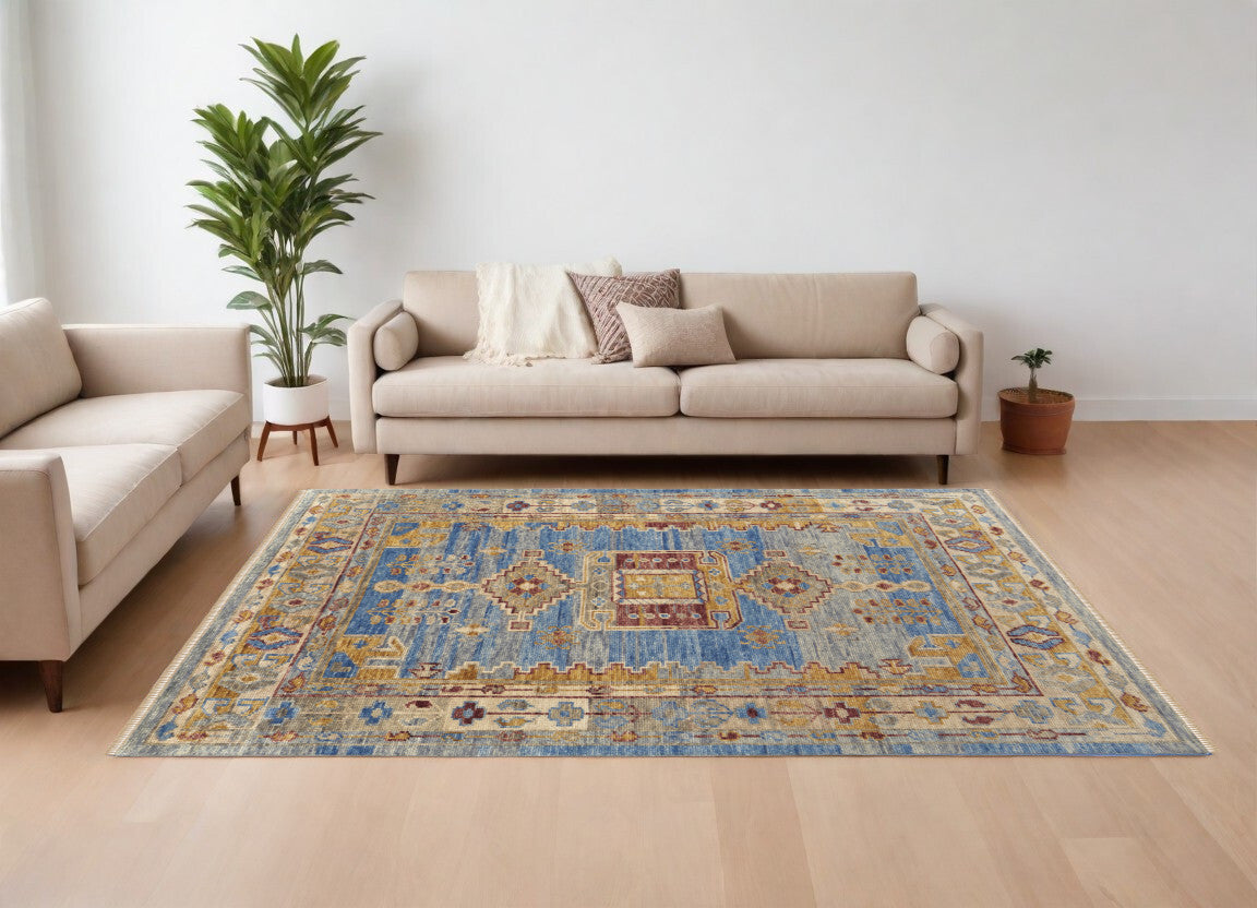 8' X 10' Blue Red and Yellow Wool Geometric Hand Knotted Area Rug With Fringe