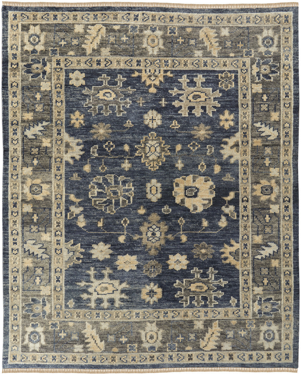 8' X 10' Blue and Gray Wool Floral Hand Knotted Area Rug With Fringe