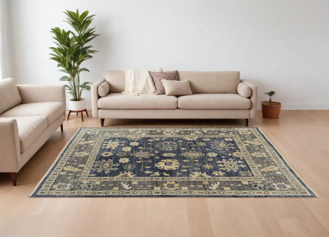 12' X 15' Blue and Gray Wool Floral Hand Knotted Area Rug With Fringe