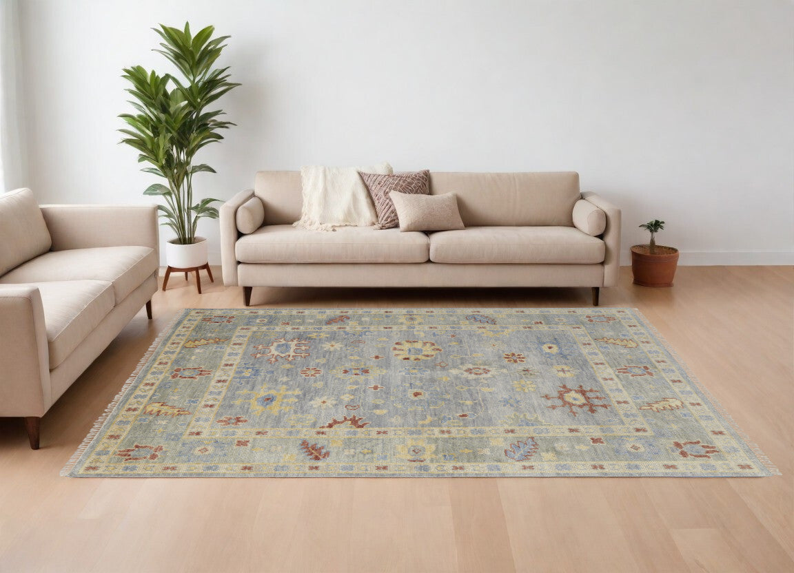 12' X 15' Light Blue and Taupe Wool Floral Hand Knotted Area Rug With Fringe