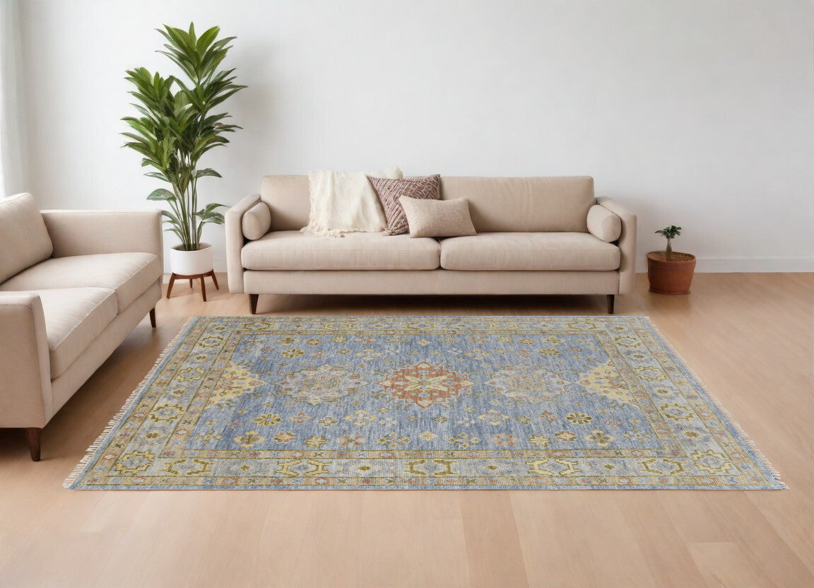 8' X 10' Green Blue and Yellow Wool Geometric Hand Knotted Area Rug With Fringe