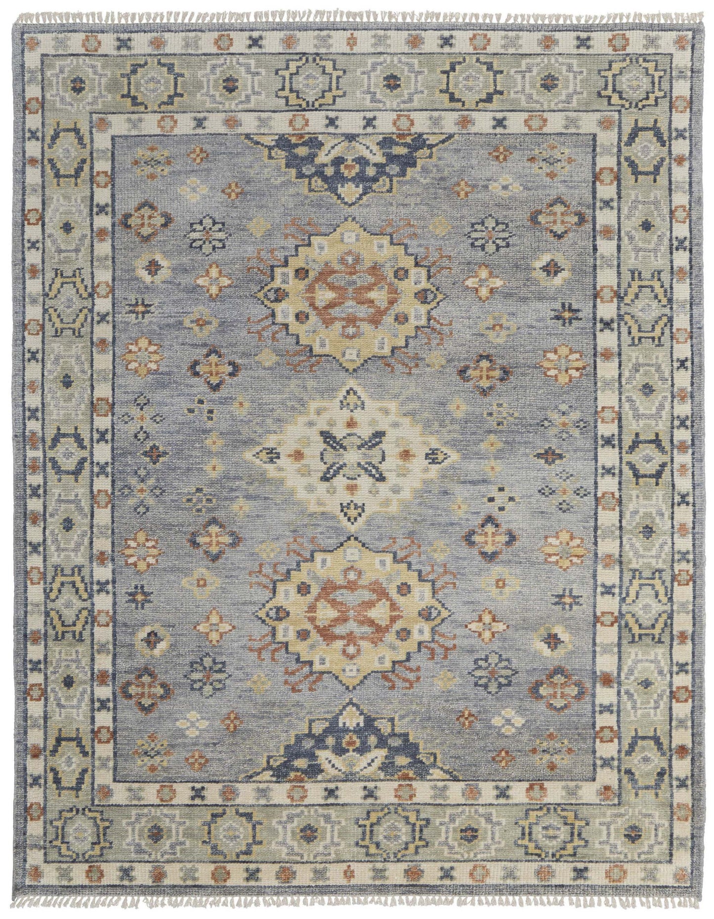 8' X 10' Gray Blue and Taupe Wool Geometric Hand Knotted Area Rug With Fringe