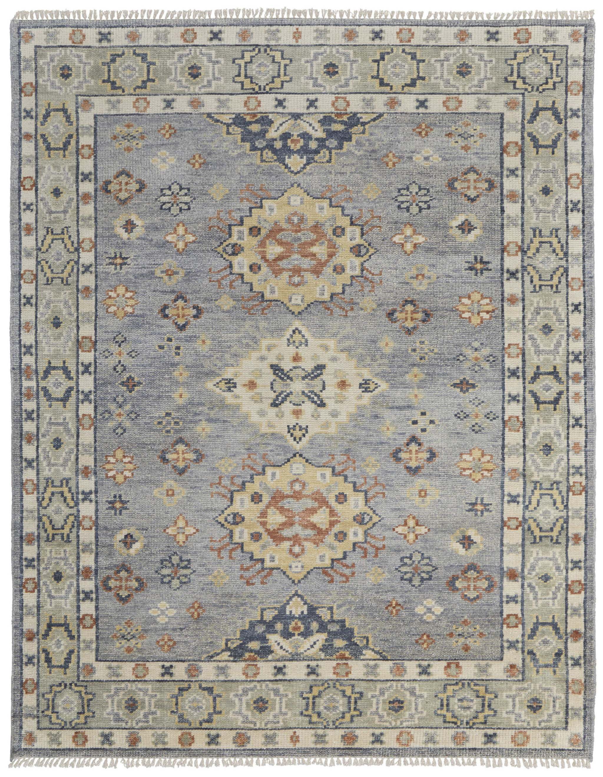 8' X 10' Gray Blue and Taupe Wool Geometric Hand Knotted Area Rug With Fringe
