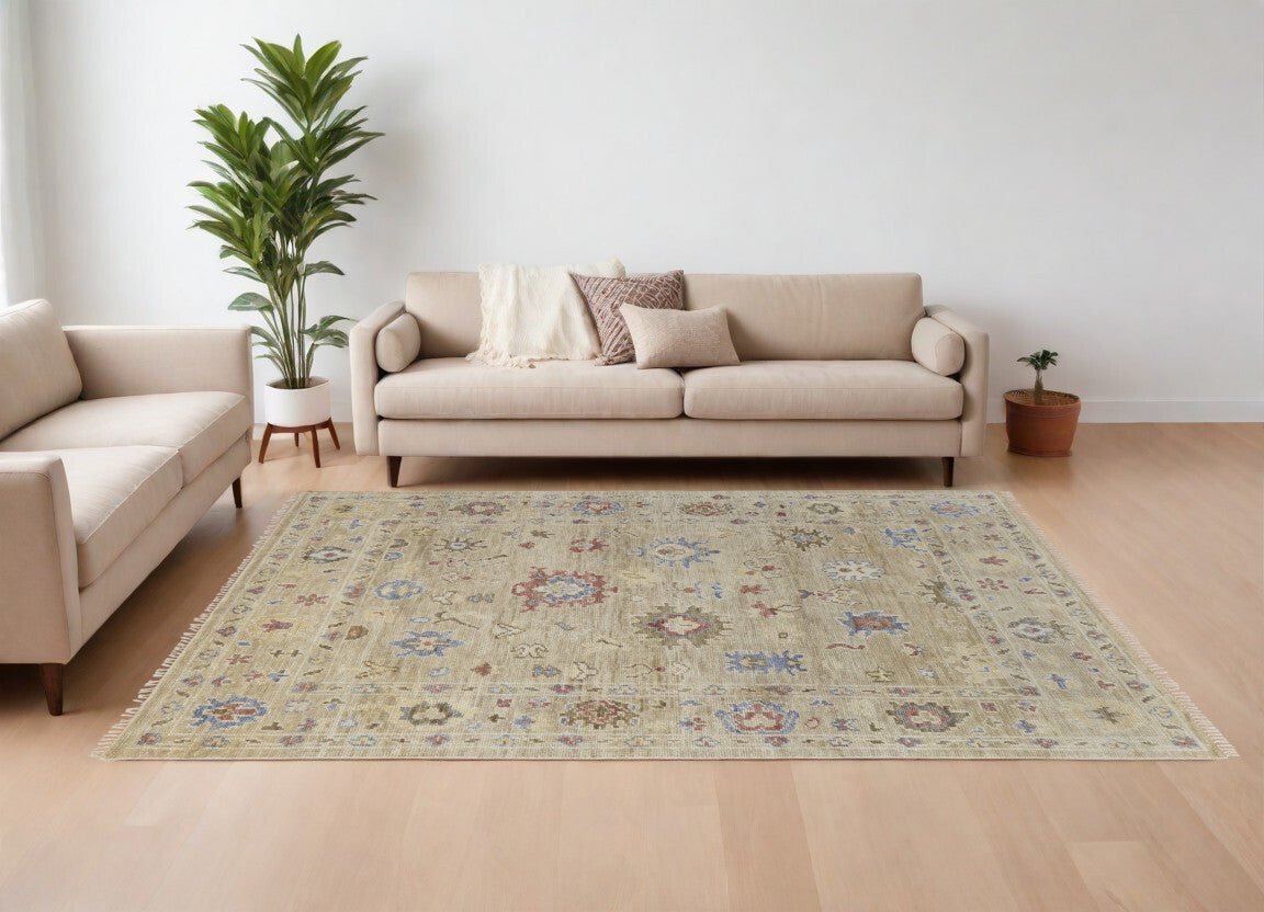 10' X 14' Tan Brown and Blue Wool Floral Hand Knotted Area Rug With Fringe