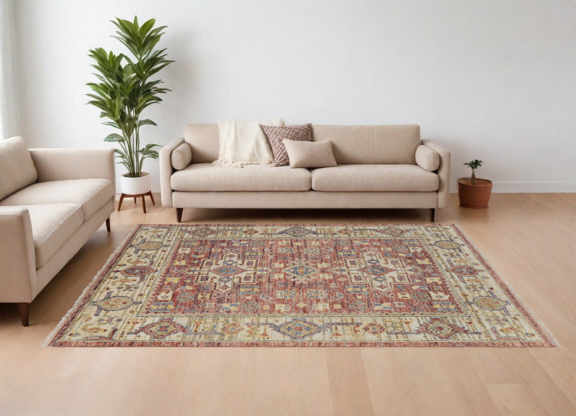 8' X 10' Ivory Red and Gold Wool Oriental Hand Knotted Area Rug With Fringe