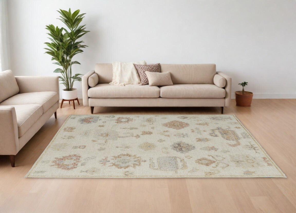 8' X 12' Ivory Tan and Gray Wool Floral Hand Knotted Area Rug