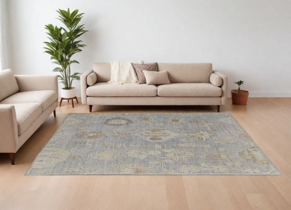 8' X 10' Gray and Blue Wool Floral Hand Knotted Area Rug