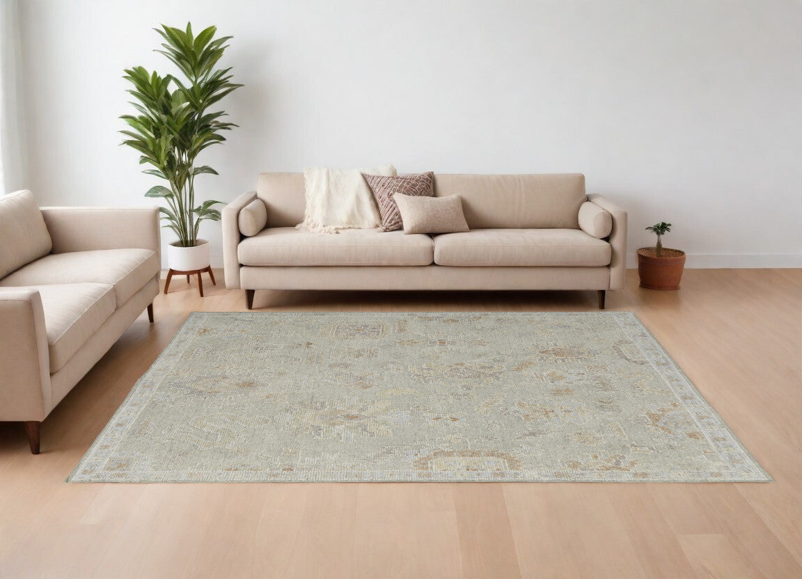 12' X 15' Gray and Brown Wool Floral Hand Knotted Area Rug