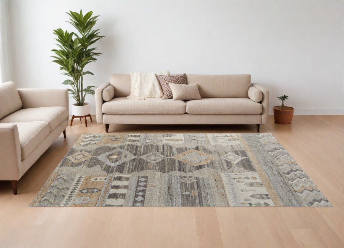 9' X 13' Ivory Gray and Orange Wool Moroccan Hand Knotted Area Rug