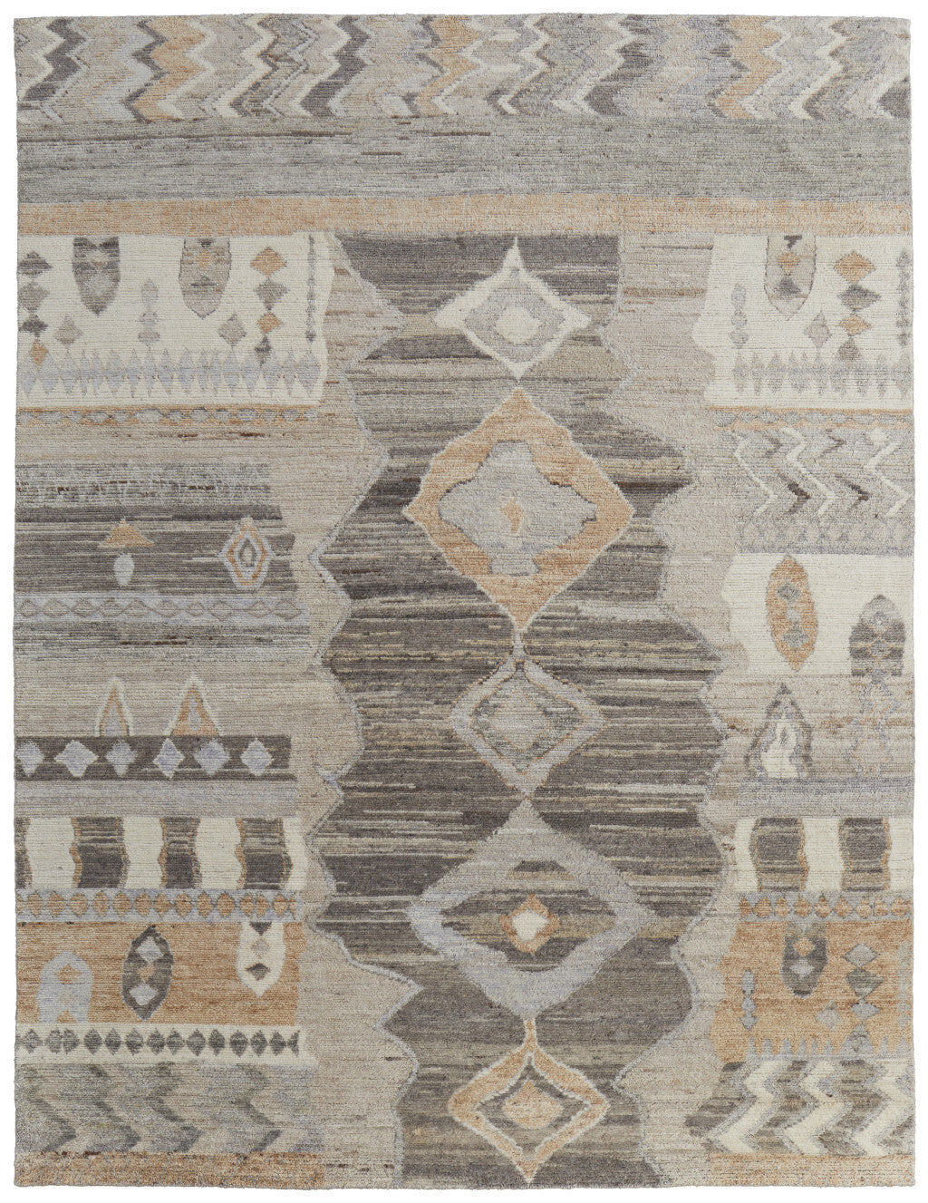 9' X 13' Ivory Gray and Orange Wool Moroccan Hand Knotted Area Rug