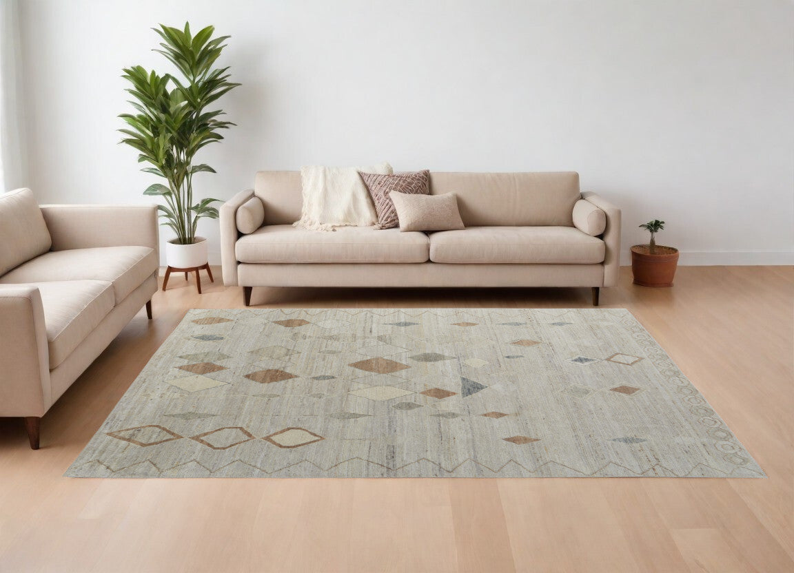 6' X 9' Tan Brown and Gray Wool Moroccan Hand Knotted Area Rug