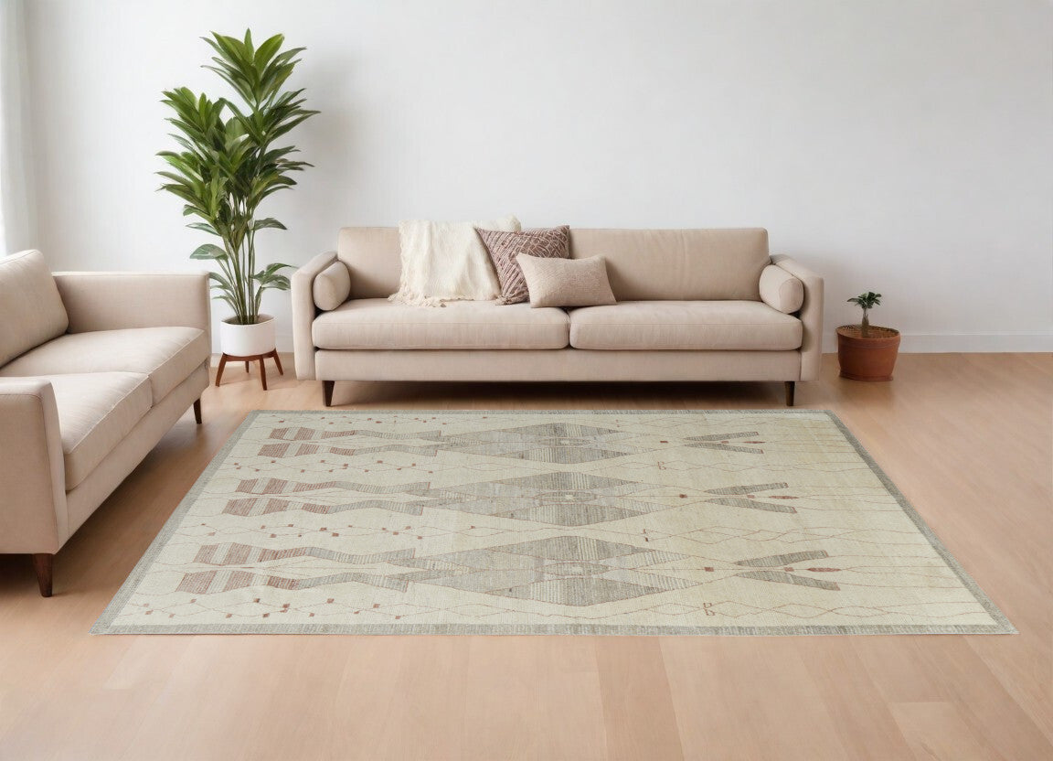 9' X 13' Gray and Red Wool Geometric Hand Knotted Area Rug