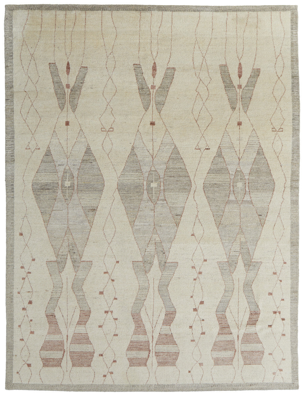 9' X 13' Gray and Red Wool Geometric Hand Knotted Area Rug