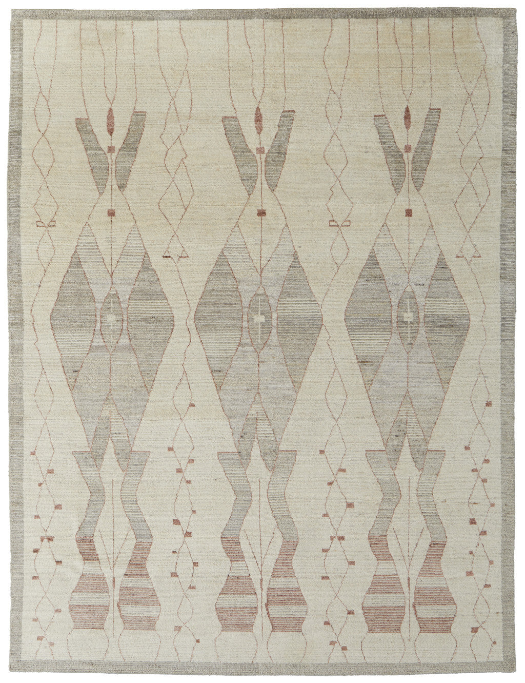 9' X 13' Gray and Red Wool Geometric Hand Knotted Area Rug