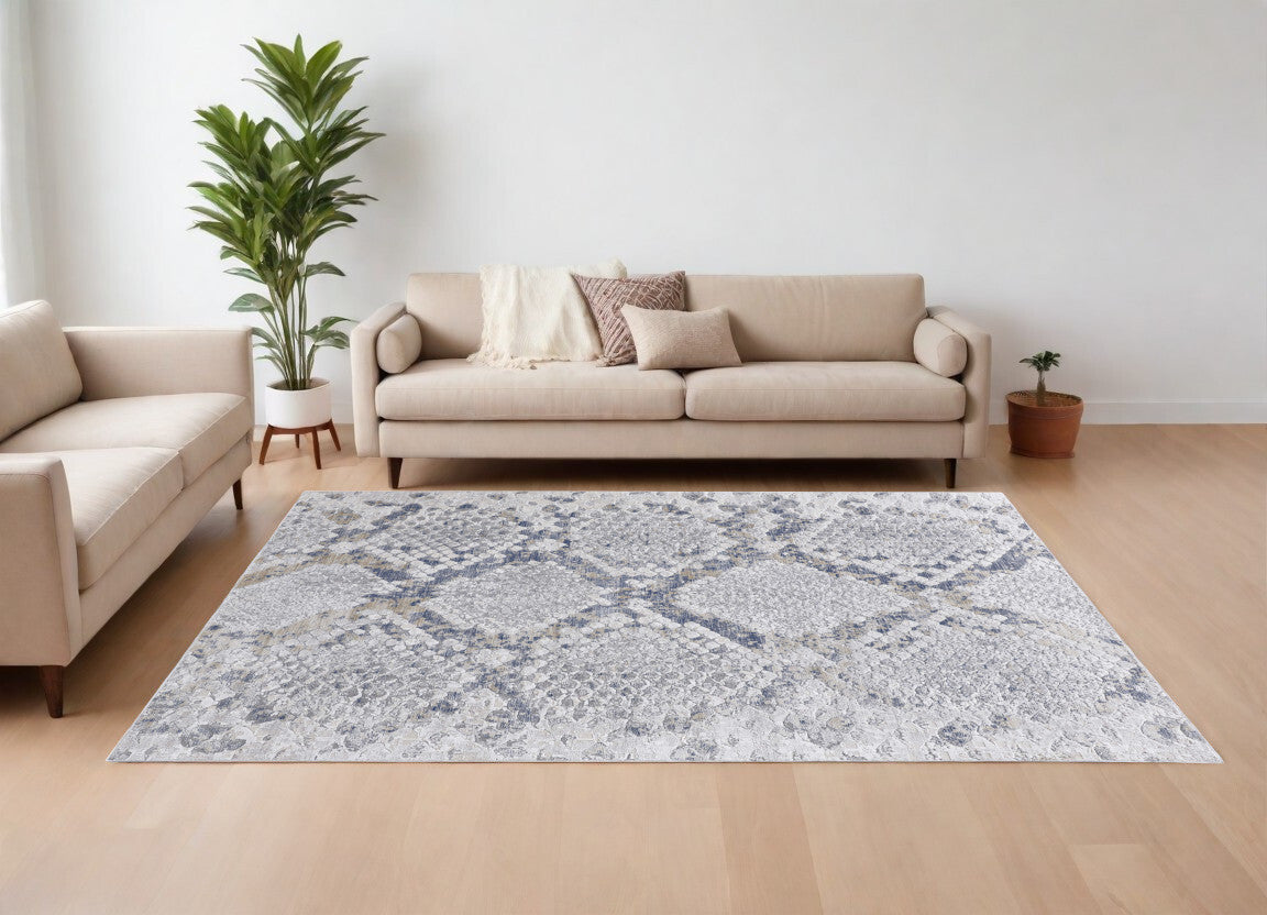 12' X 15' Gray Silver and Blue Floral Power Loom Area Rug