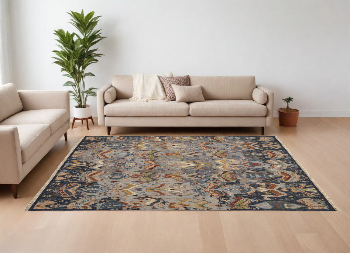 8' X 10' Blue Gray and Brown Wool Ikat Hand Knotted Area Rug With Fringe