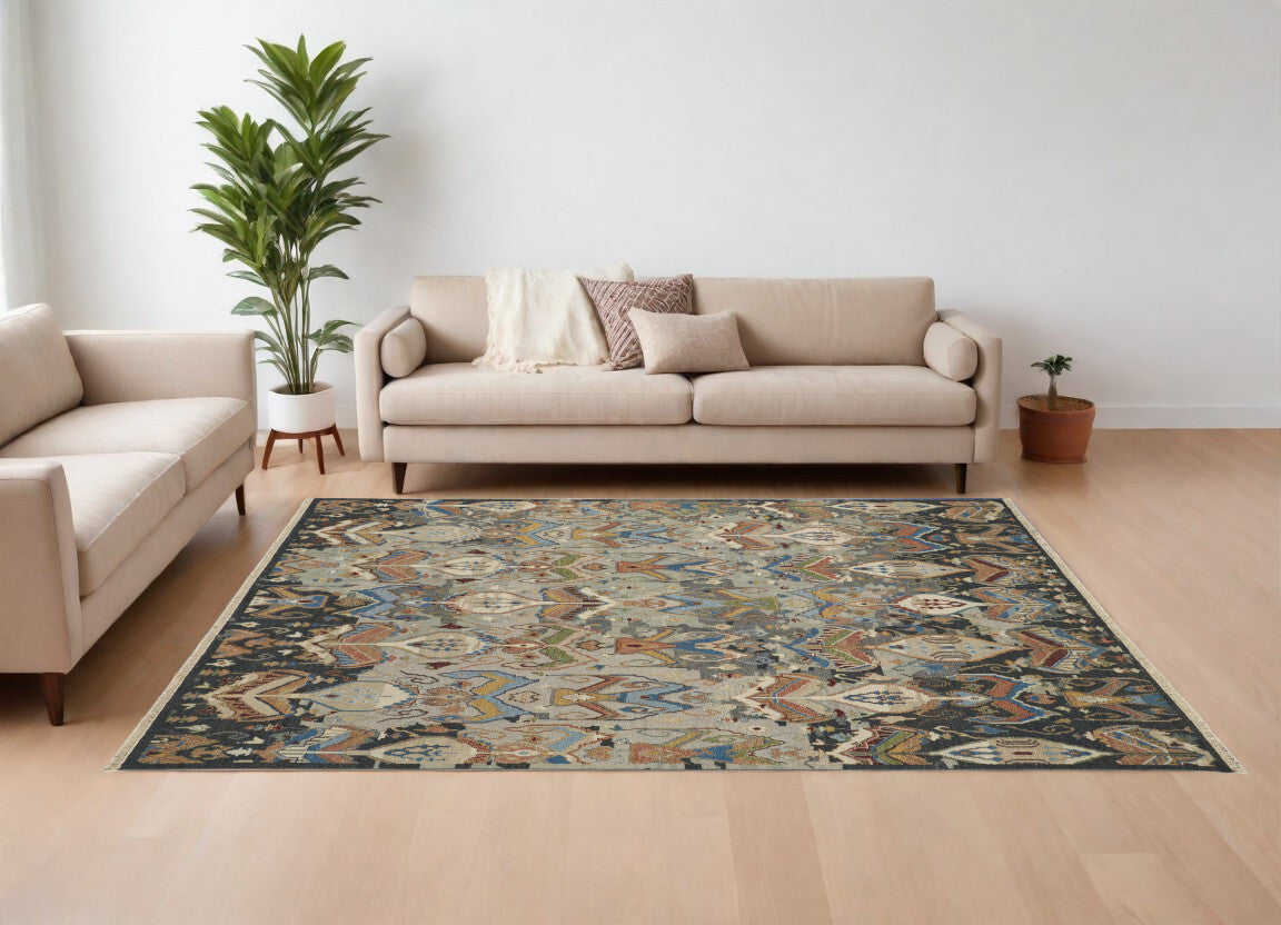 8' X 10' Blue Gray and Brown Wool Ikat Hand Knotted Area Rug With Fringe