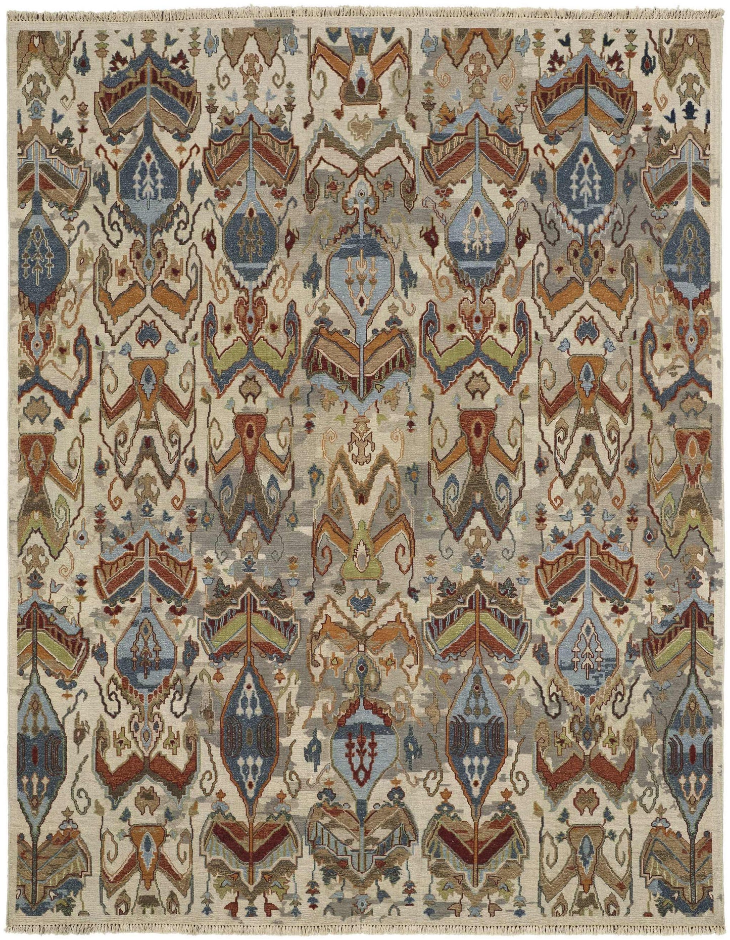 12' X 15' Ivory Blue and Brown Wool Ikat Hand Knotted Area Rug With Fringe