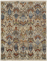 12' X 15' Ivory Blue and Brown Wool Ikat Hand Knotted Area Rug With Fringe