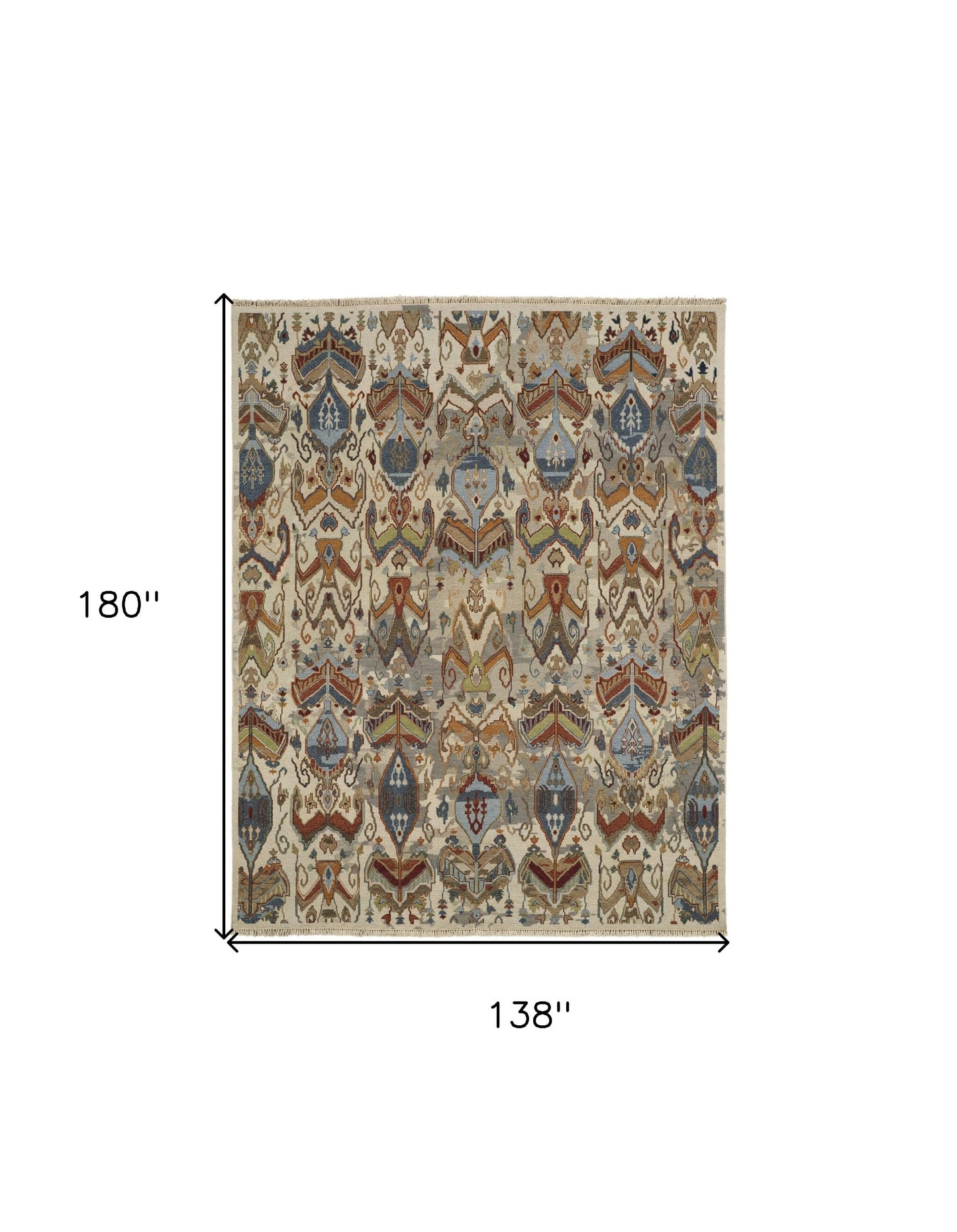 12' X 15' Ivory Blue and Brown Wool Ikat Hand Knotted Area Rug With Fringe