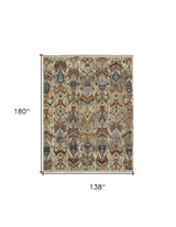12' X 15' Ivory Blue and Brown Wool Ikat Hand Knotted Area Rug With Fringe